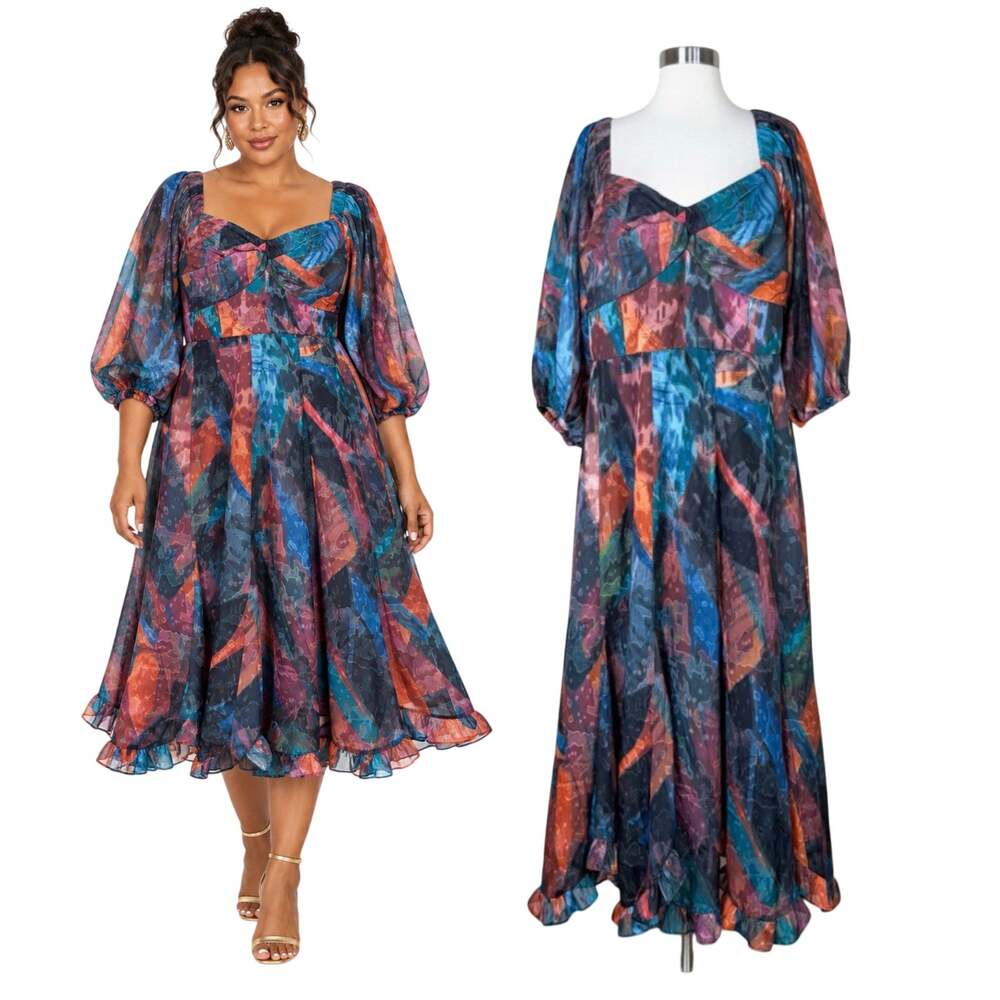 Anthropologie | Hutch Abstract Sweetheart Puff Sleeve Cocktail Midi Dress 16W